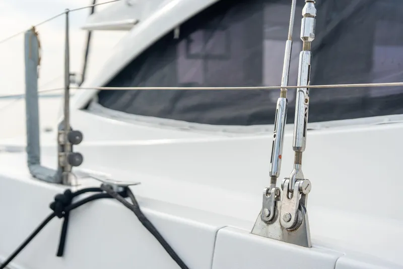 Grace Yacht Photos Pics Close-up of rigging on a 2016 Leopard 48 yacht, showcasing stainless steel fittings.