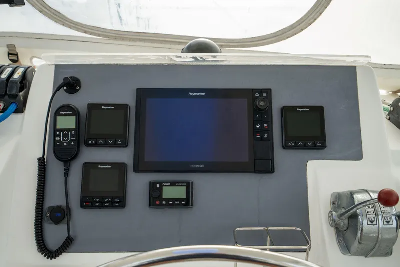 Grace Yacht Photos Pics Control panel of a 2016 Leopard 48 yacht with Raymarine navigation equipment.