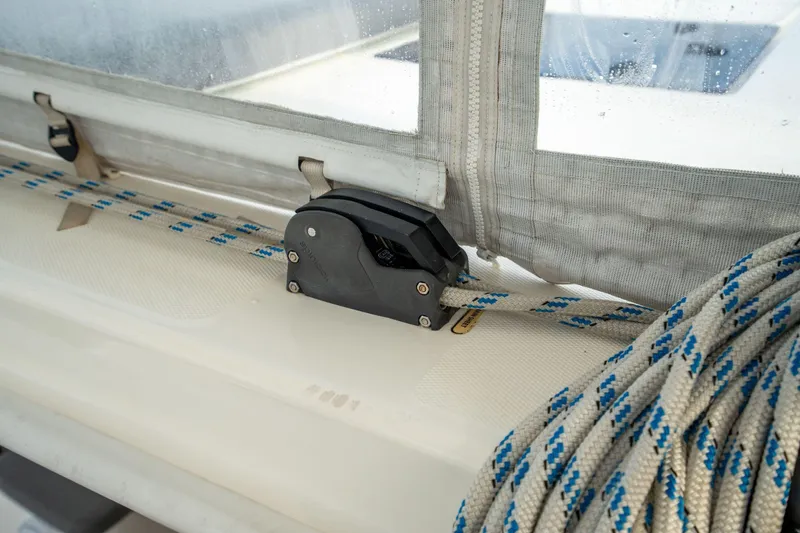 Grace Yacht Photos Pics Close-up of a 2016 Leopard 48 sailboat's rope and pulley system.
