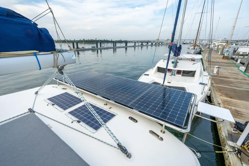Grace Yacht Photos Pics 2016 Leopard 48 yacht with solar panels docked at marina.