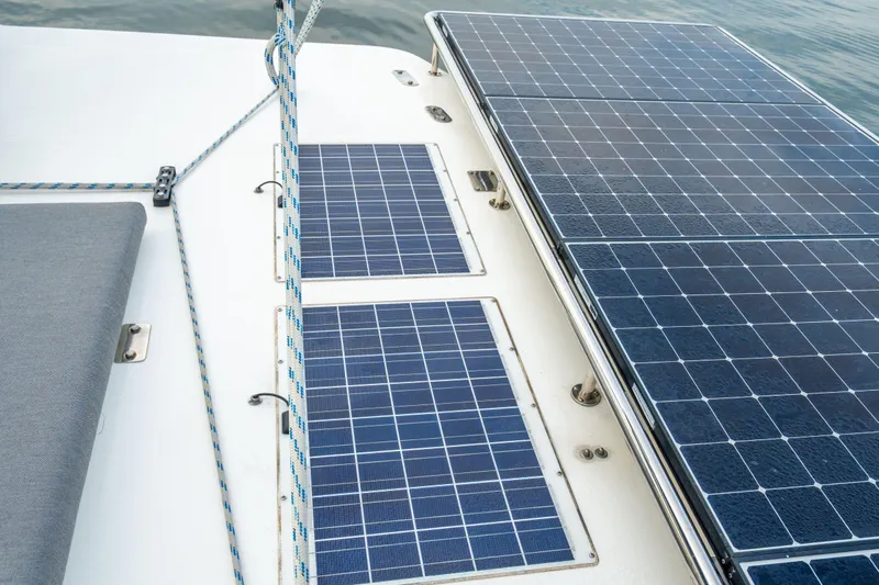 Grace Yacht Photos Pics Solar panels on a 2016 Leopard 48 yacht deck, enhancing energy efficiency.
