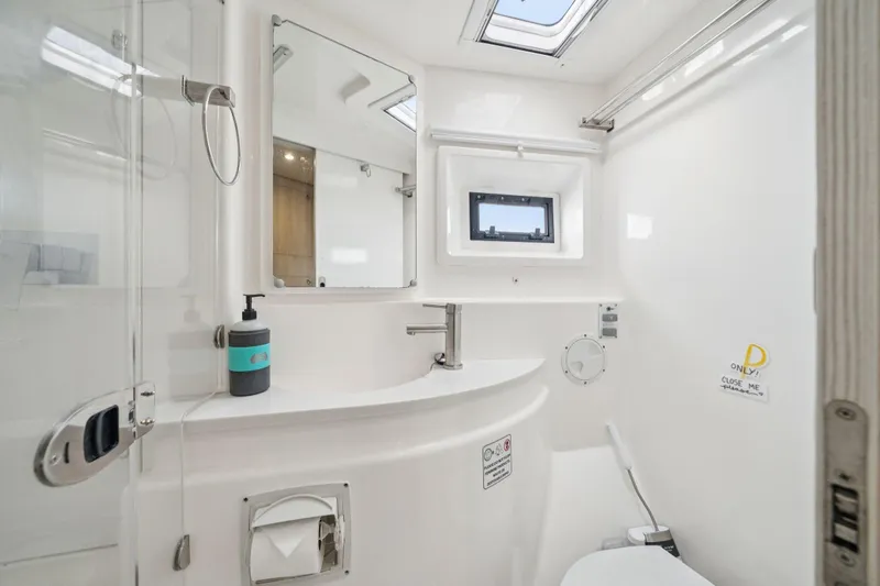 Grace Yacht Photos Pics Modern bathroom in 2016 Leopard 48 yacht with skylight and sleek fixtures.