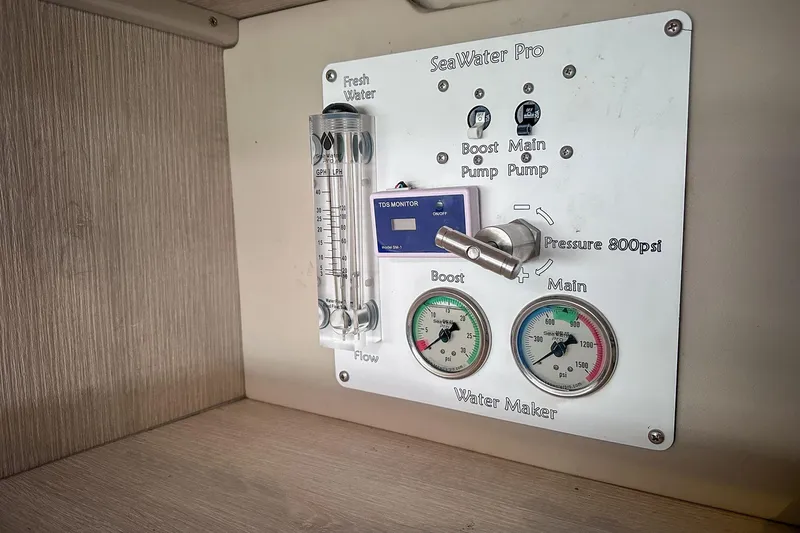 Grace Yacht Photos Pics Control panel of a 2016 Leopard 48 yacht water maker system with gauges and switches.