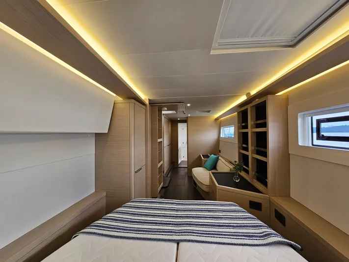 Yacht Photos Pics Luxurious interior of 2024 Lagoon 46 yacht with modern design and ambient lighting.