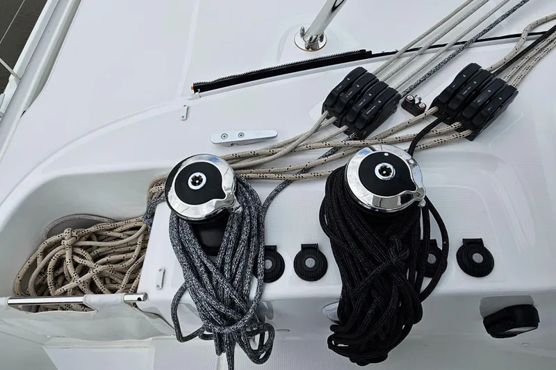  Yacht Photos Pics 2024 Lagoon 46 yacht deck with winches and ropes.