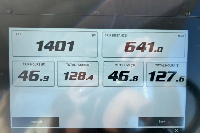 Yacht Photos Pics Display screen showing fuel usage and trip data for 2024 Regal 33 SAV boat.