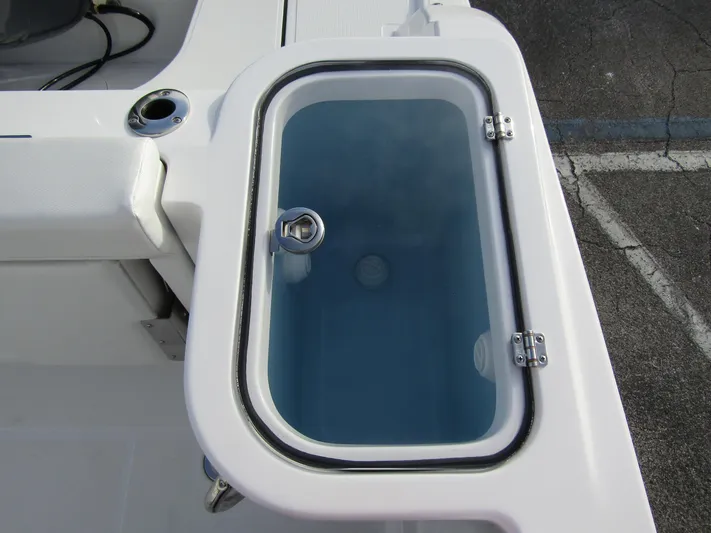  Yacht Photos Pics Livewell on 2025 Wellcraft 243 Fisherman boat, featuring a clear lid and secure latch.