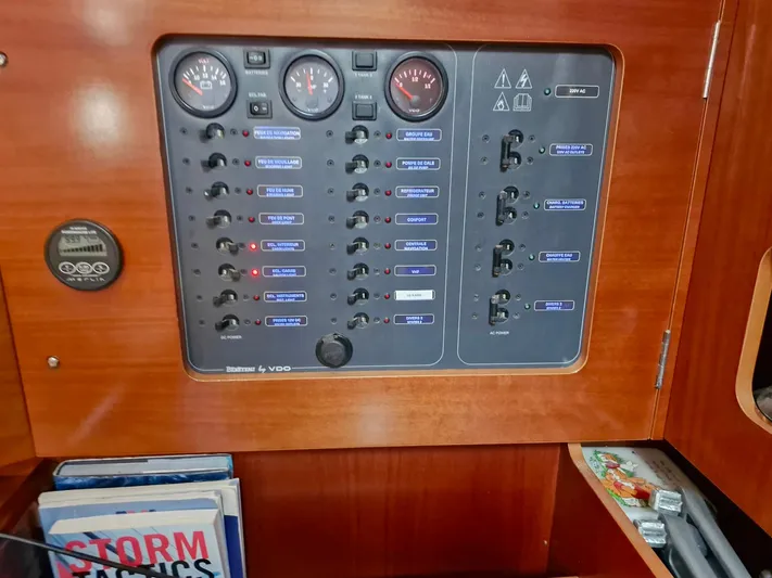  Yacht Photos Pics Control panel of a 2004 Beneteau Oceanis 423 sailboat with gauges and switches.