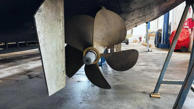  Yacht Photos Pics Propeller of a 2006 Riva Rivale 52 yacht in a maintenance facility.