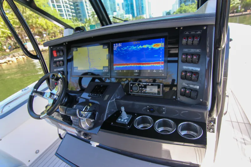  Yacht Photos Pics 2020 Blackfin 332 CC helm with advanced navigation and control systems.