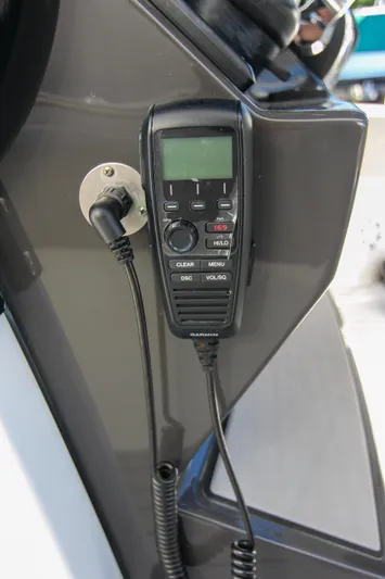  Yacht Photos Pics VHF radio handset on 2020 Blackfin 332 CC boat console.