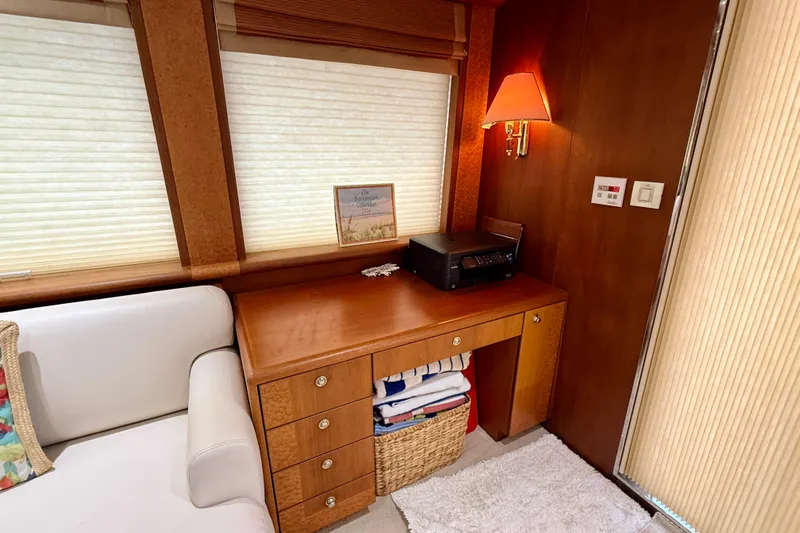 Southern Lady Yacht Photos Pics Interior of 2002 Cheoy Lee 72 Yacht with desk, lamp, and printer.