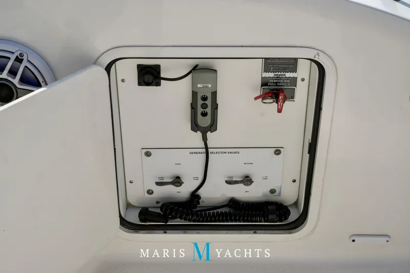Man O War Yacht Photos Pics Control panel on 2009 Sea Ray 55 Sundancer yacht, featuring generator selector valves.