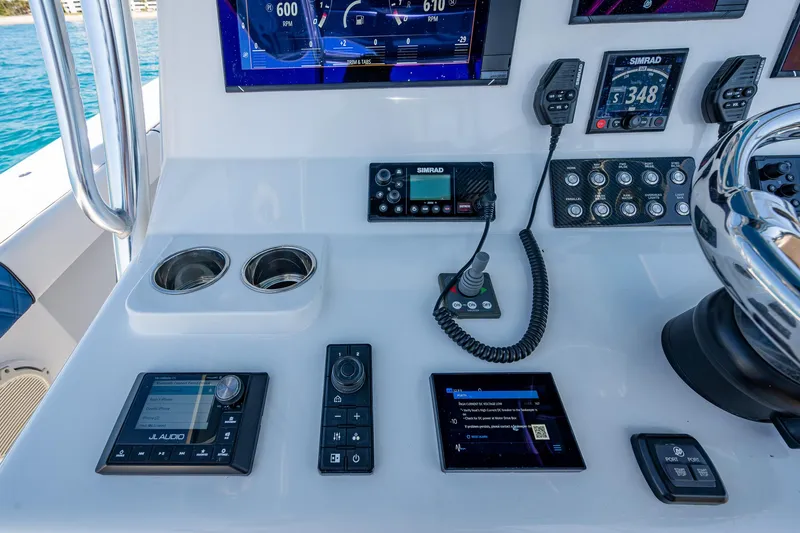  Yacht Photos Pics Control panel of a 2020 Front Runner 39 boat with navigation and communication devices.