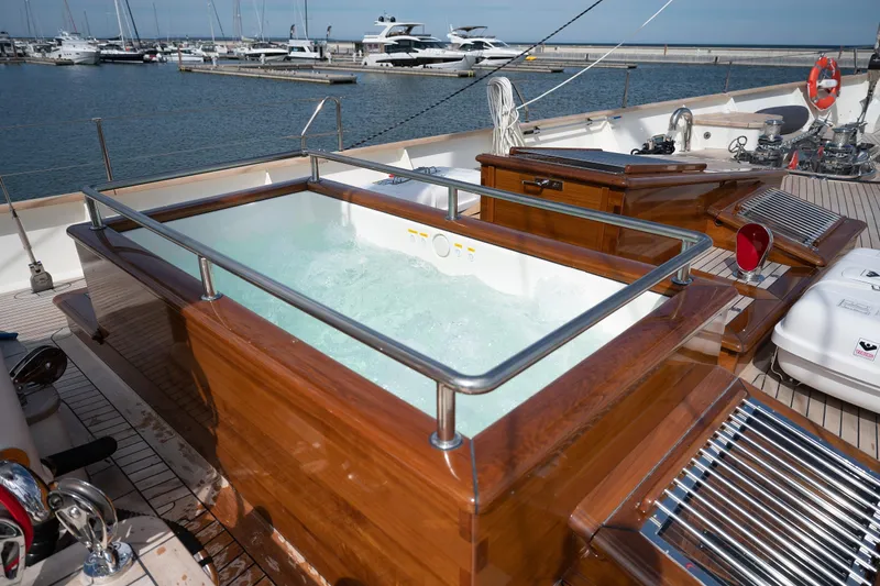 Melody Yacht Photos Pics Luxurious 2022 Ridas Custom Yacht with onboard jacuzzi, docked at marina.
