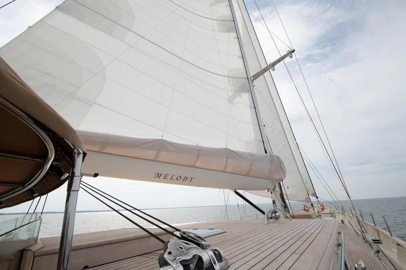 Melody Yacht Photos Pics Sailing on a 2022 Ridas Custom Yacht with expansive deck and sails.