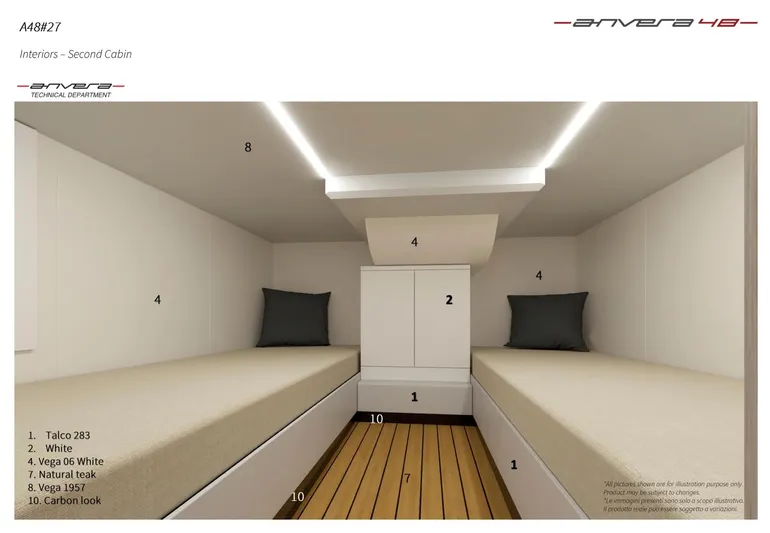 Anvera 48 Yacht Photos Pics Anvera 48 2025 model interior with twin beds, modern design, and wooden flooring.