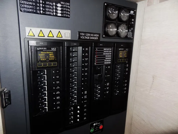 Aquaholic Yacht Photos Pics Electrical control panel of a 2019 Leopard 50 yacht with voltage indicators and warning signs.