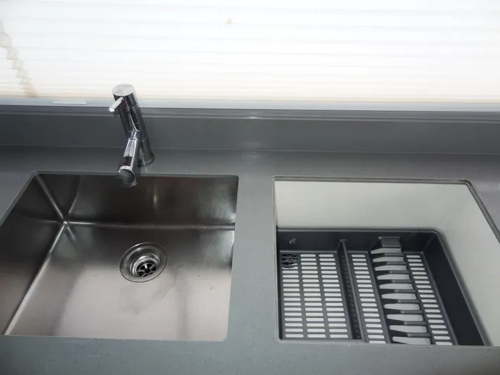 Aquaholic Yacht Photos Pics Modern kitchen sink and drying rack in Leopard 50 yacht, 2019 model.