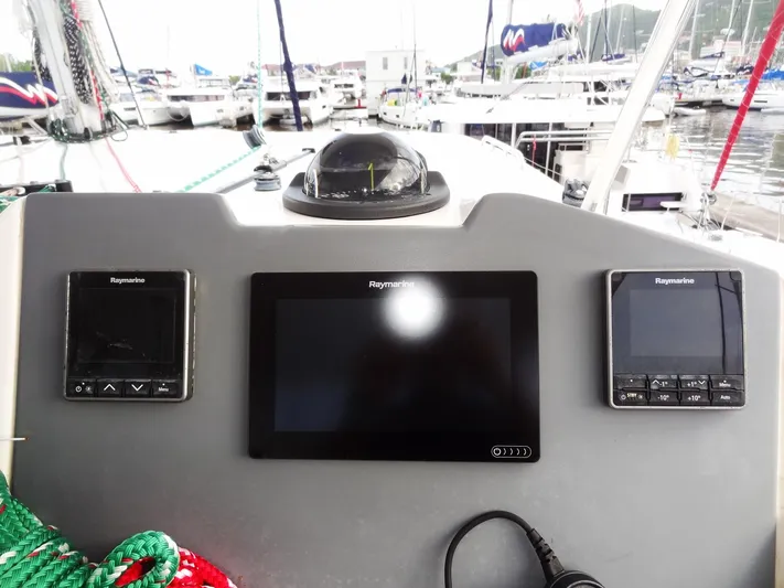 Aquaholic Yacht Photos Pics Leopard 50 yacht cockpit with Raymarine navigation displays, 2019 model.