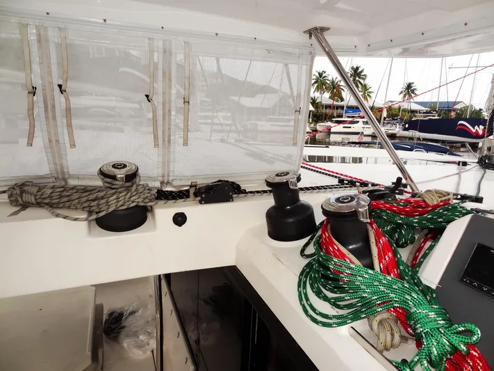 Aquaholic Yacht Photos Pics Cockpit of a 2019 Leopard 50 yacht with winches and ropes.