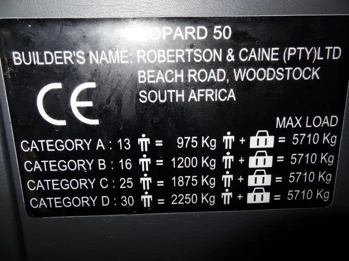 Aquaholic Yacht Photos Pics Leopard 50 boat capacity plate, Robertson & Caine, 2019, max load 5710 kg, South Africa.
