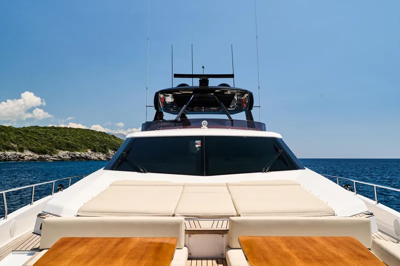 Yacht Photos Pics Luxury Ferretti Yachts 920, 2023 model, cruising on a sunny day with clear blue skies.