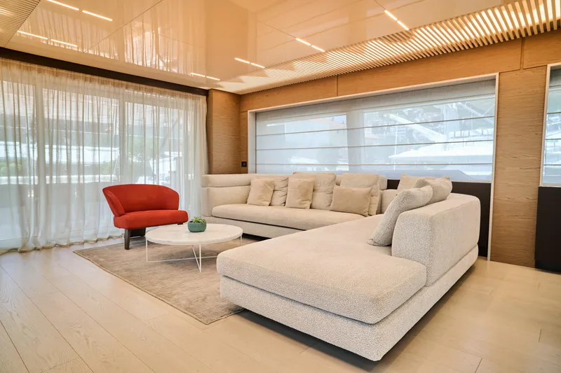  Yacht Photos Pics Luxurious interior of 2023 Ferretti Yachts 920 with modern seating and elegant decor.