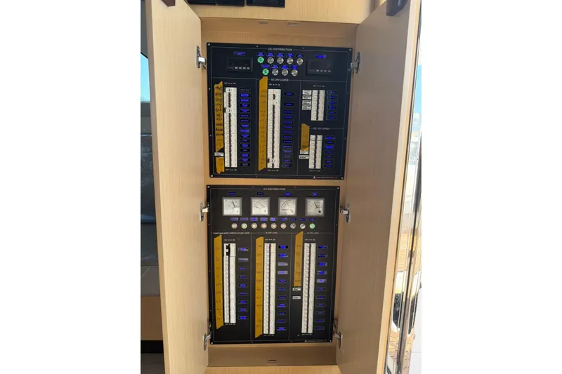 Yacht Photos Pics Electrical control panel on Haiquan 62 yacht, 2025 model, featuring AC and DC distribution.