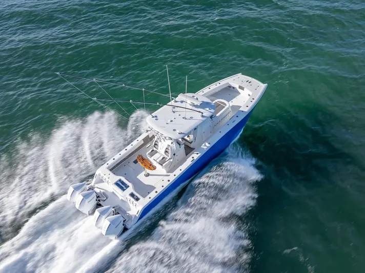  Yacht Photos Pics Freeman 37 boat cruising on open water, 2021 model, aerial view.