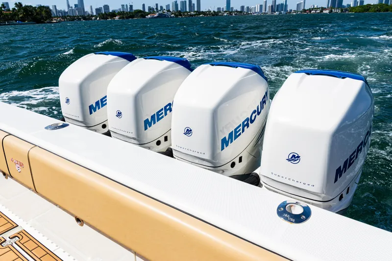 Yacht Photos Pics 2016 SeaVee 430 boat with four Mercury outboard engines on the water.