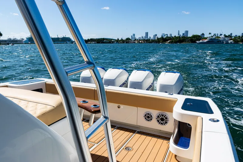  Yacht Photos Pics 2016 SeaVee 430 boat with powerful engines cruising on a sunny day.