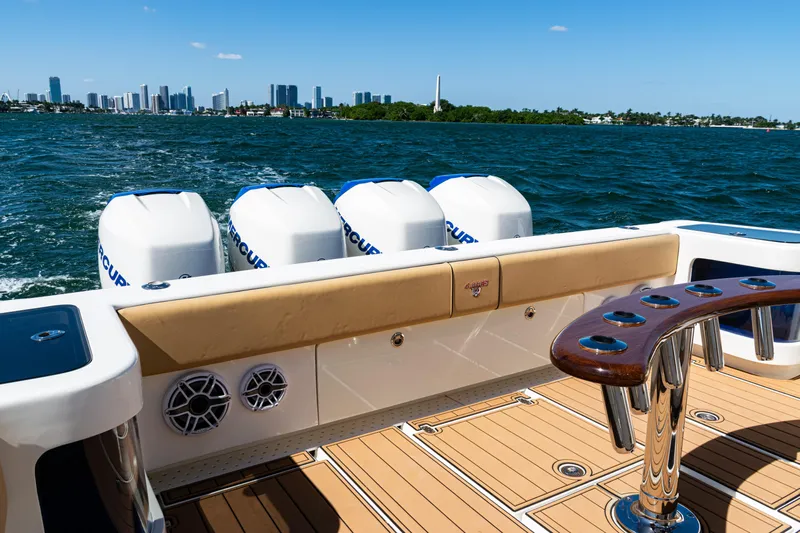  Yacht Photos Pics 2016 SeaVee 430 boat with four outboard engines, cruising on a sunny day.