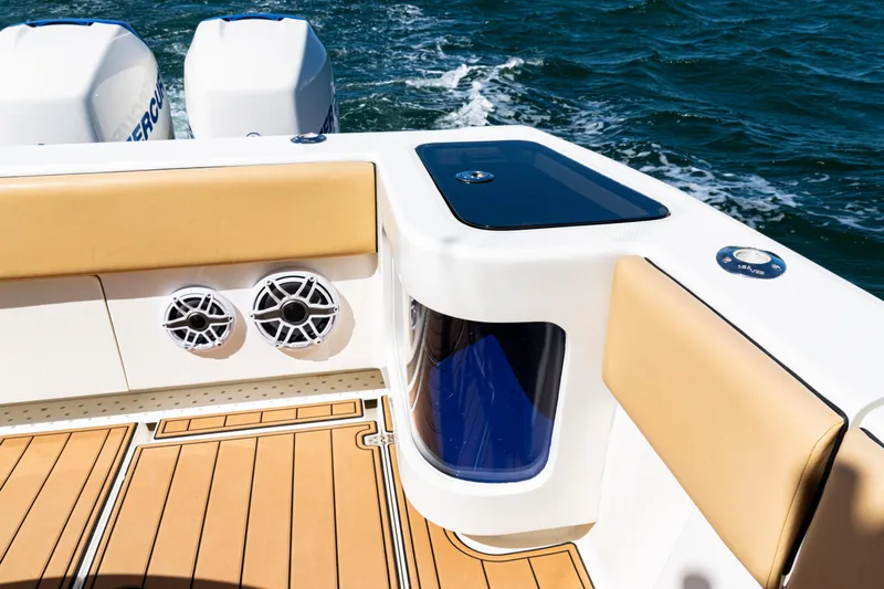  Yacht Photos Pics 2016 SeaVee 430 boat deck with speakers and twin Mercury engines.