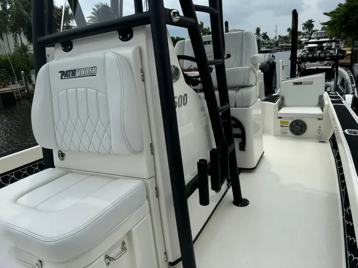 Yacht Photos Pics 2024 Pathfinder 2500 Hybrid boat interior with white seating and sleek design.