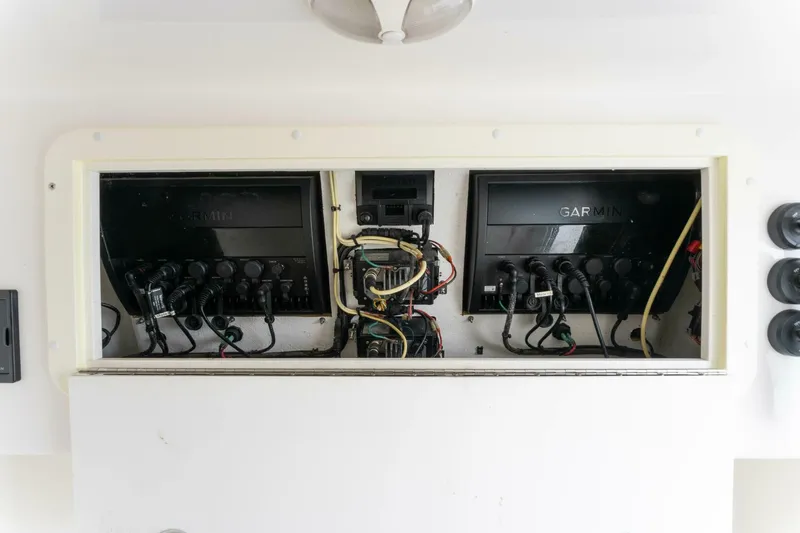  Yacht Photos Pics Control panel of a 2019 Invincible 39 Open Fisherman boat with Garmin electronics.