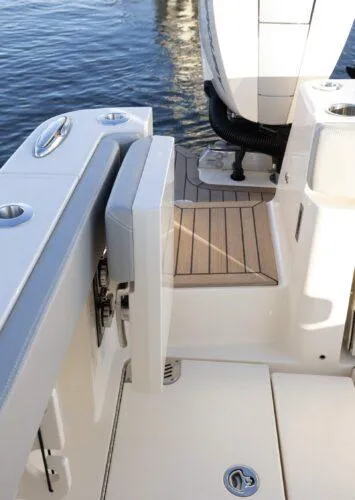  Yacht Photos Pics 2026 Scout 357 LXF boat deck with sleek design and modern features.