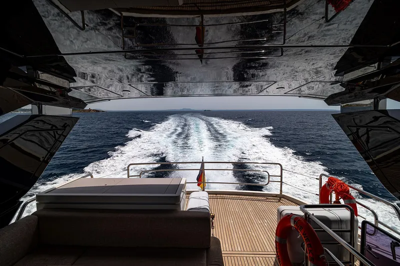 Five Weeks Yacht Photos Pics Monte Carlo Yachts MCY 66, 2019 model, cruising with ocean view from deck.