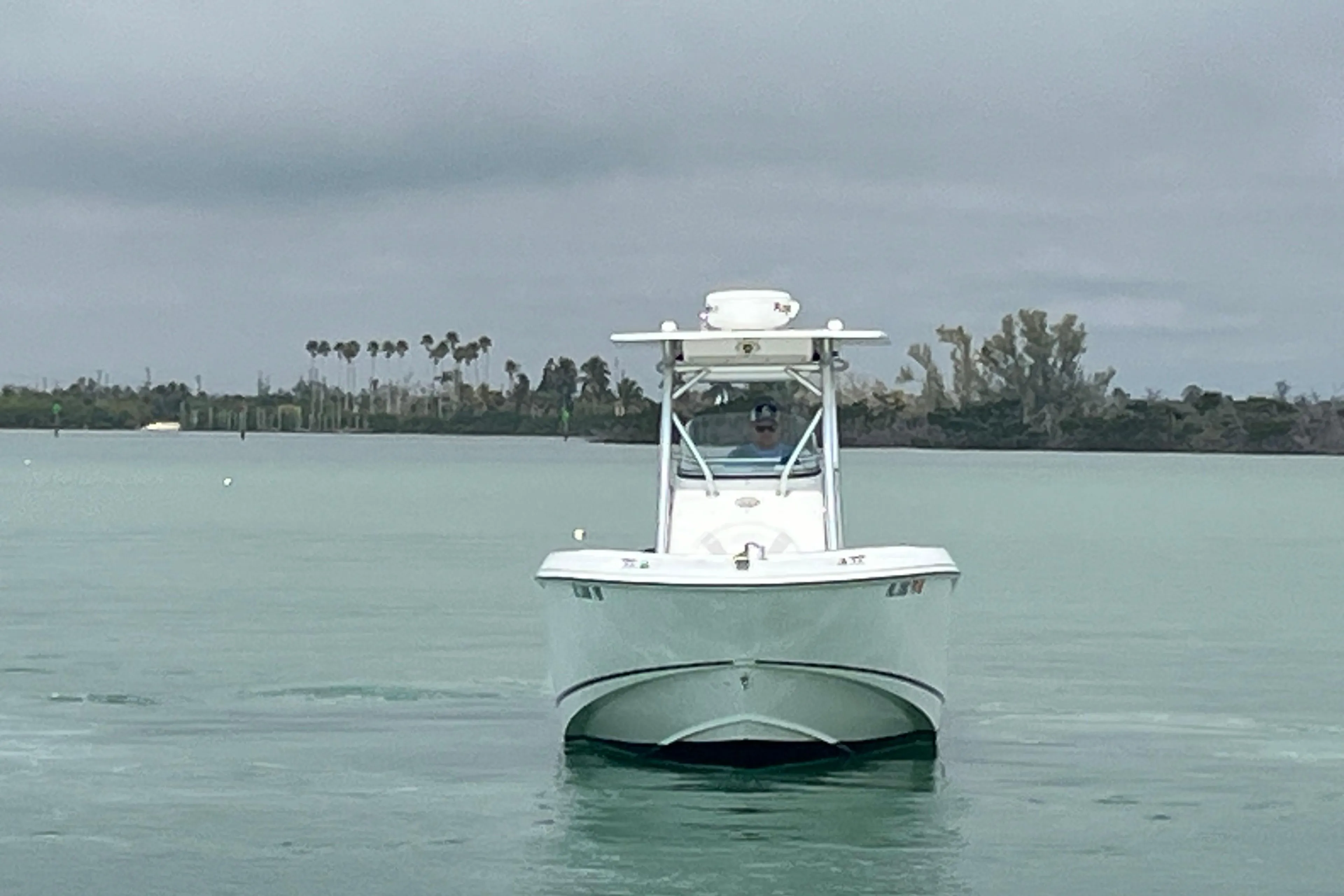 2007 Boston Whaler 270 Outrage boat on calm water, overcast sky, distant shoreline.