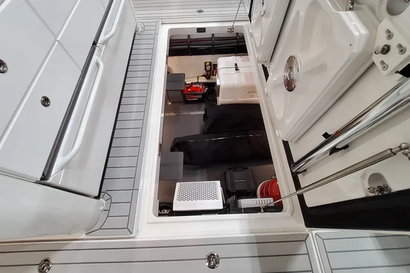  Yacht Photos Pics Interior view of 2026 Formula 457 Center Console Fish boat storage compartment.