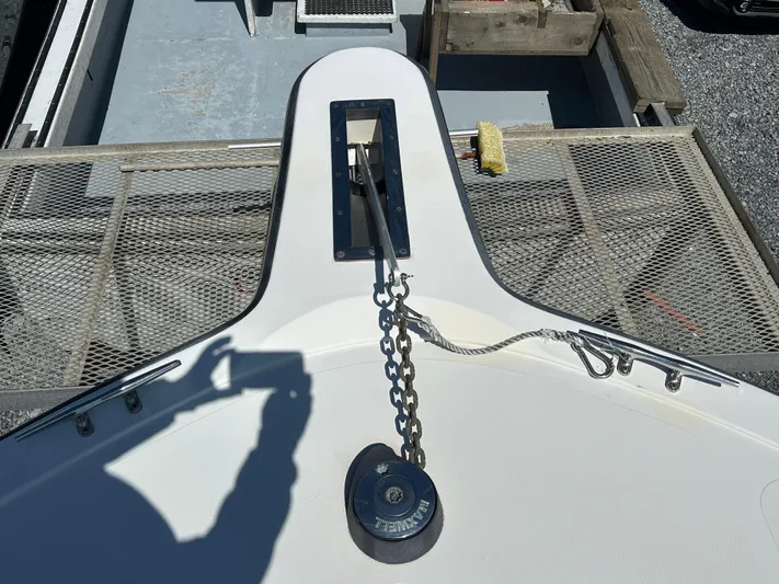 No Slack Yacht Photos Pics Bow of 2002 Albemarle 410 Express Fisherman with anchor chain and winch.