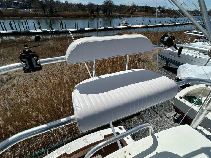 No Slack Yacht Photos Pics 2002 Albemarle 410 Express Fisherman boat seat with scenic waterfront view.