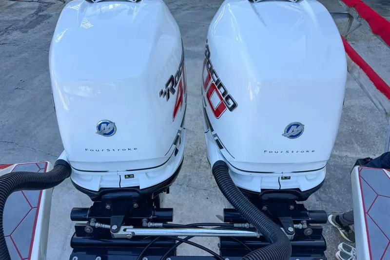  Yacht Photos Pics Twin Mercury Racing outboard engines on a 2022 Velocity 290sc boat.