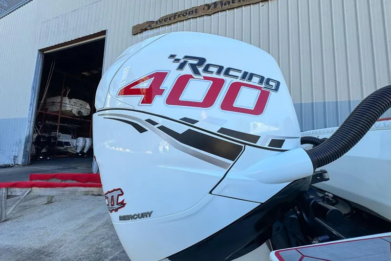  Yacht Photos Pics Mercury Racing 400 outboard engine on 2022 Velocity 290sc boat at marina.