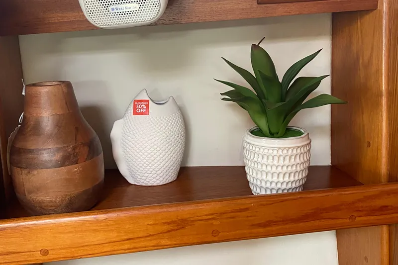 Harriet Tubman Yacht Photos Pics Wooden shelf with decorative vases and a potted plant, featuring a 50% off clearance tag.