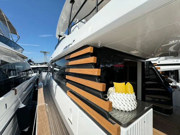  Yacht Photos Pics Azimut Magellano 66 yacht, 2025 model, docked with modern design and stylish exterior.