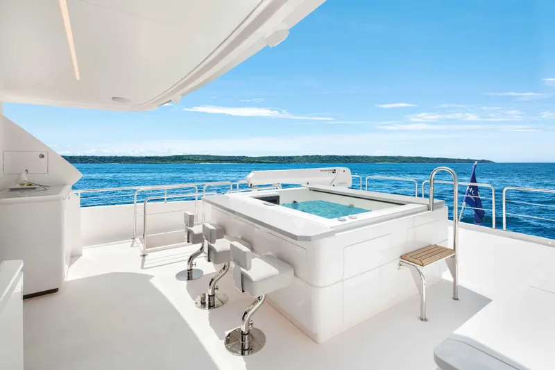 Horizon Fd80-617 / Now Available Yacht Photos Pics Luxurious Horizon FD80 yacht deck with jacuzzi, ocean view, and modern seating, 2026 model.