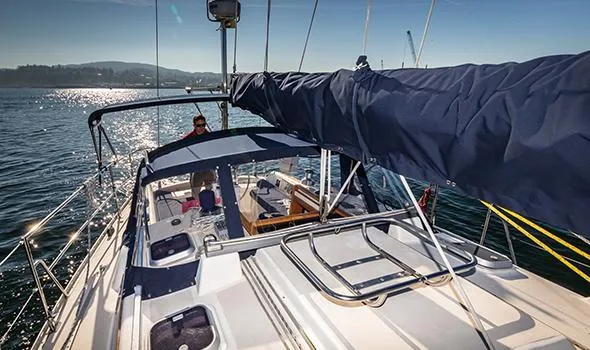 Sailing yacht Caliber 40, 2002 model, cruising on a sunny day.
