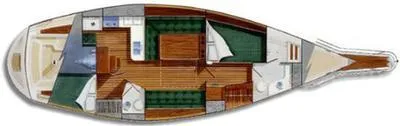 Harriet Tubman Yacht Photos Pics Floor plan of a 2002 Caliber 40 sailboat, featuring cabins and living areas.