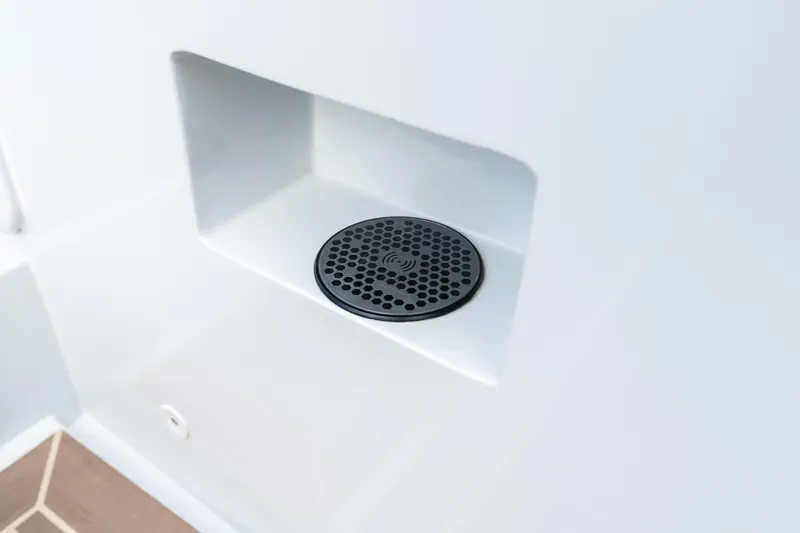 R01 Yacht Photos Pics Interior detail of 2023 VanDutch 32 yacht, featuring a sleek, modern drainage system.